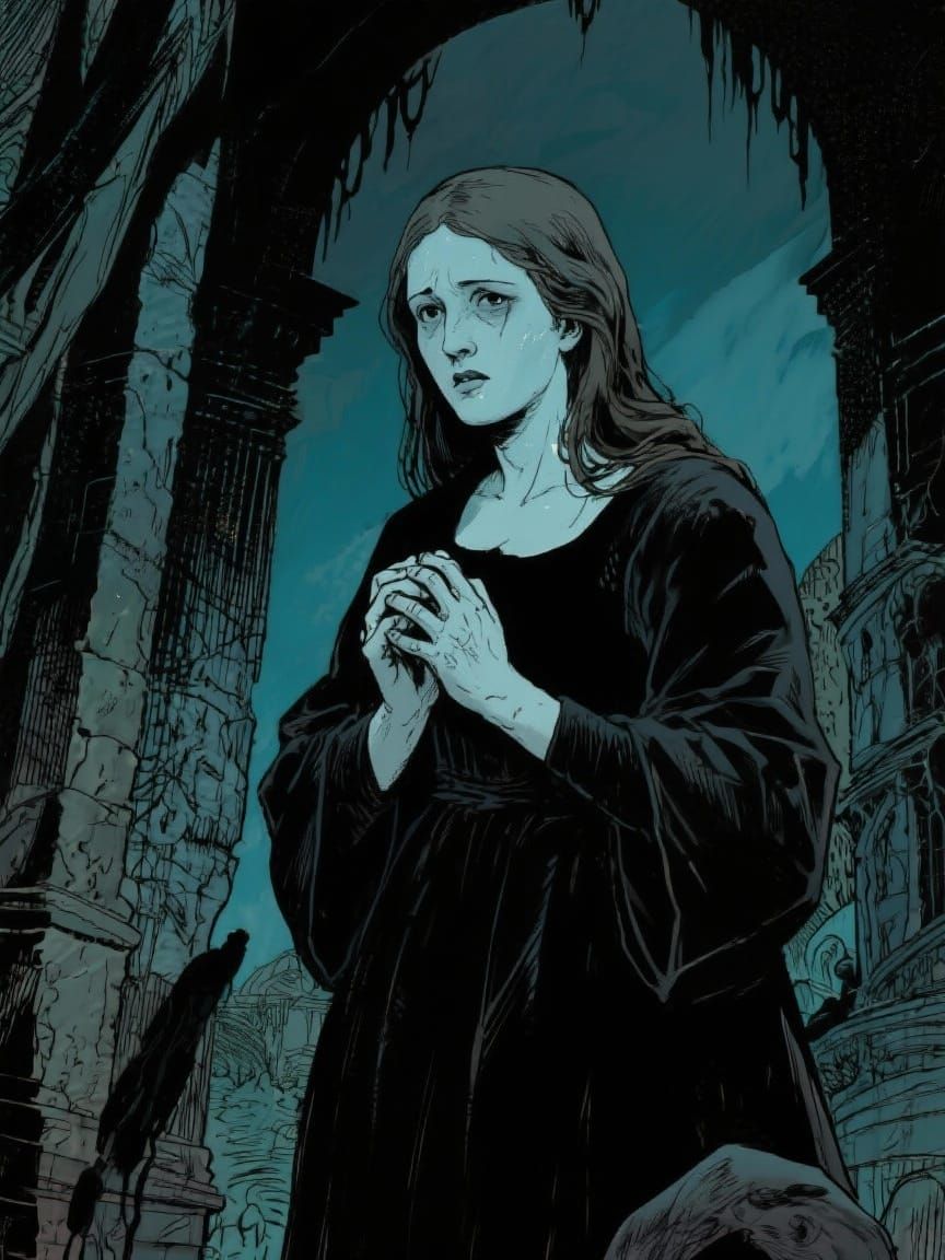 Gothic Horror Comic: Pale Woman Wrings Fingers in Moody Ligh...