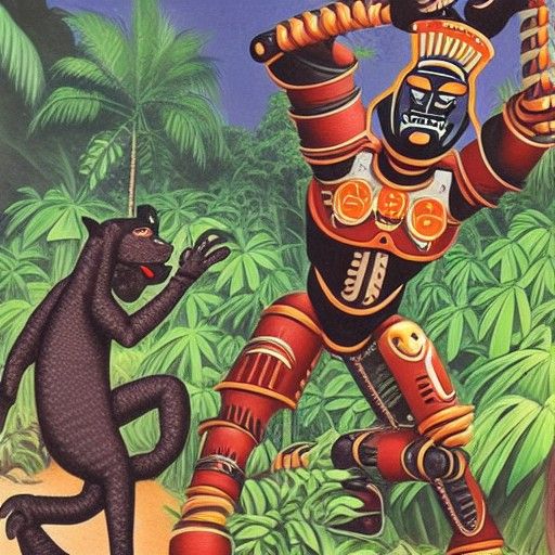 robot panther hunting an aztec chief in the jungle