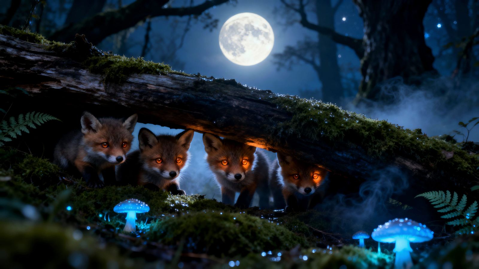 Enchanted Forest Fox Cubs Under Glowing Moon