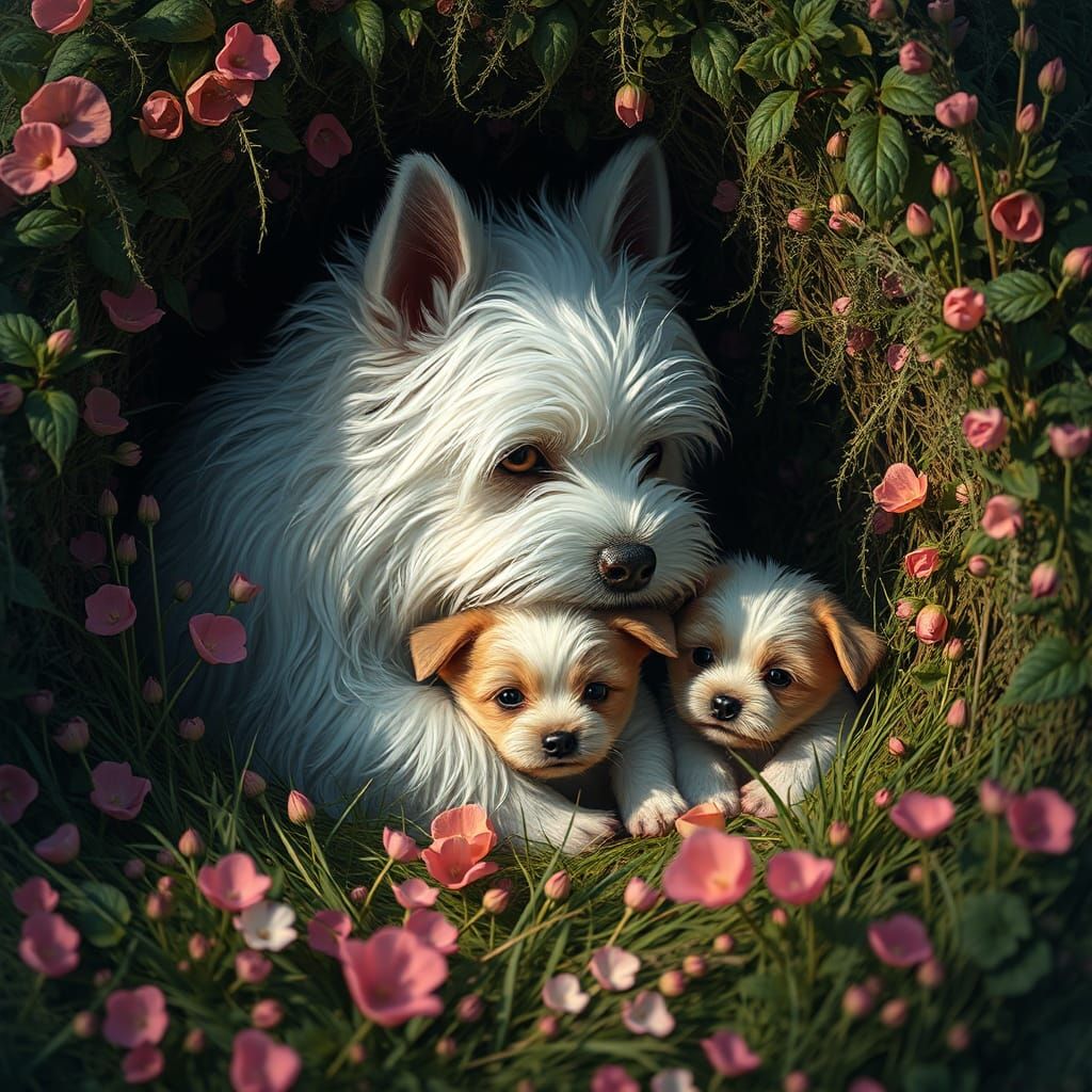 Westie Protects Puppies: Matte Painting Style