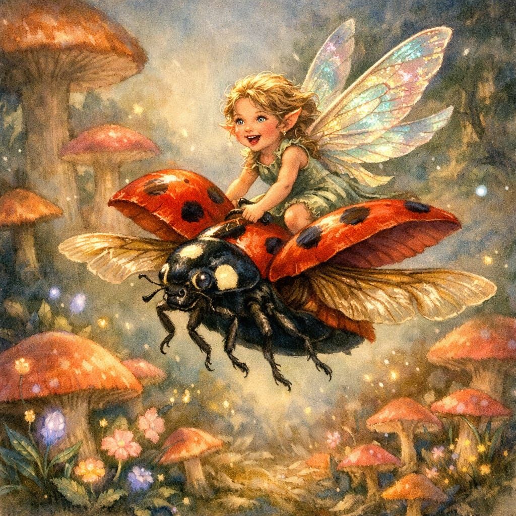 Fairy Rides Ladybug Over Whimsical Mushroom Forest
