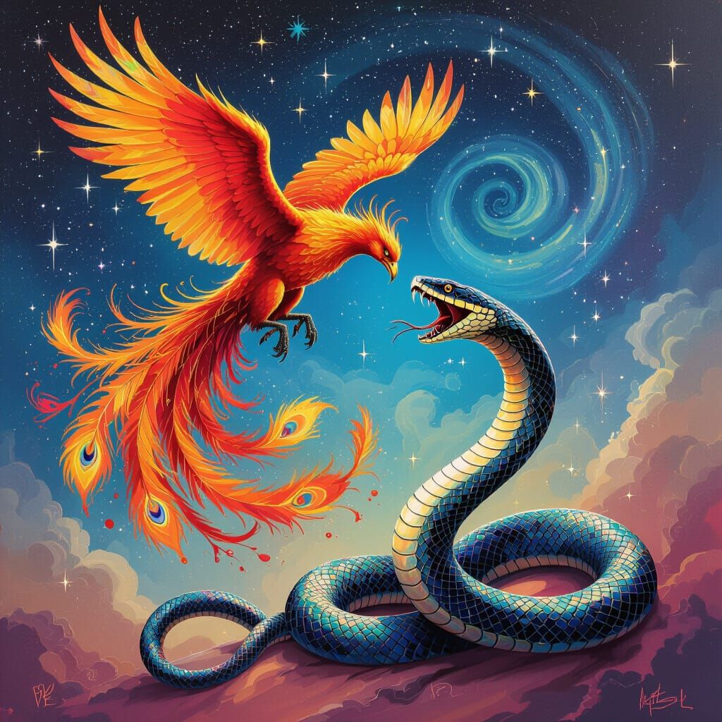 Fiery Phoenix Battles Cobra in Graffiti Art Style