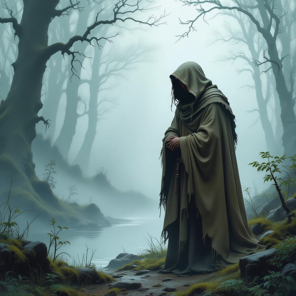 Mystical Hermit in Misty Forest, Fantasy Art