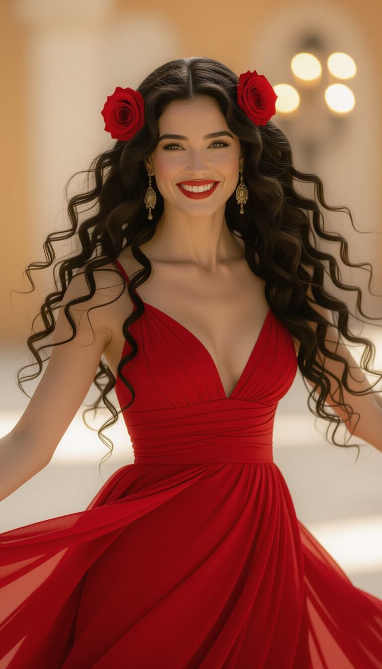 Sensuous Spanish Dancer in Red Dress, Cinematic Style