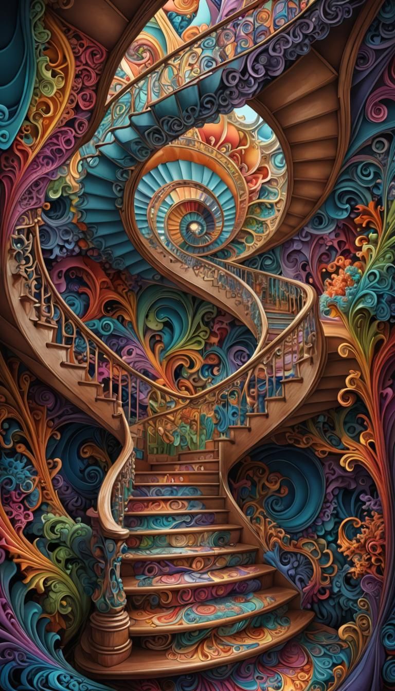 Multicoloured Fractal Stairs Portrait in Abstract 3D