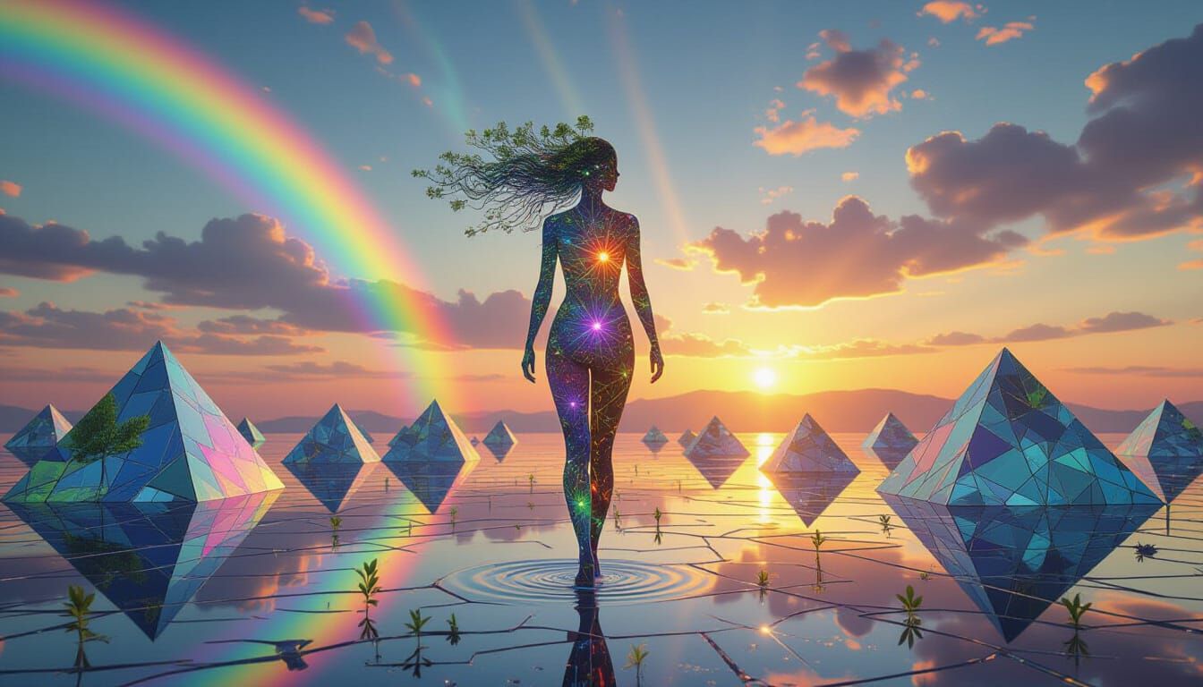 Prism Woman: Rainbow Light and Shattered Mirror Sky