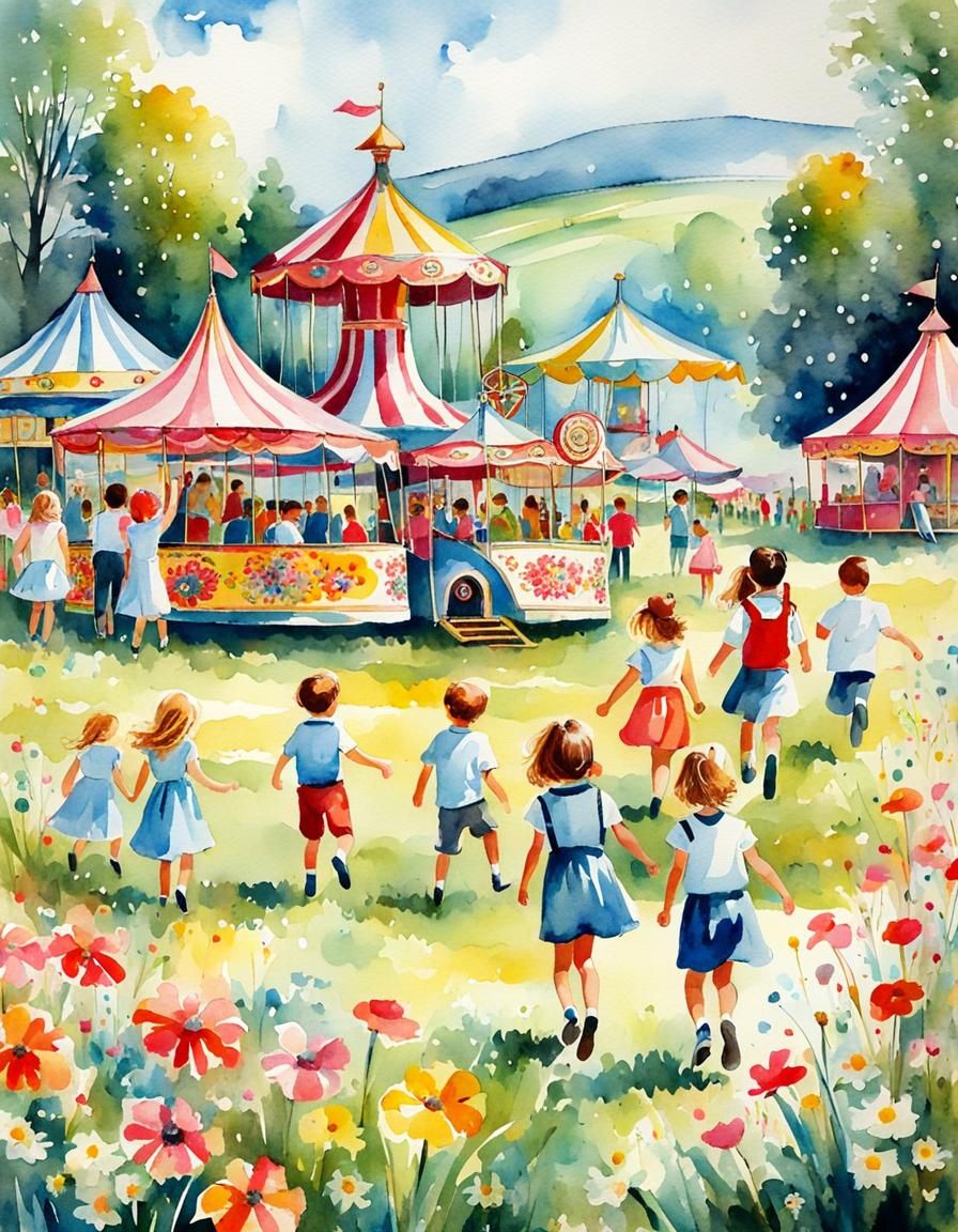 Fairground in Flowery Meadow as Watercolor Painting