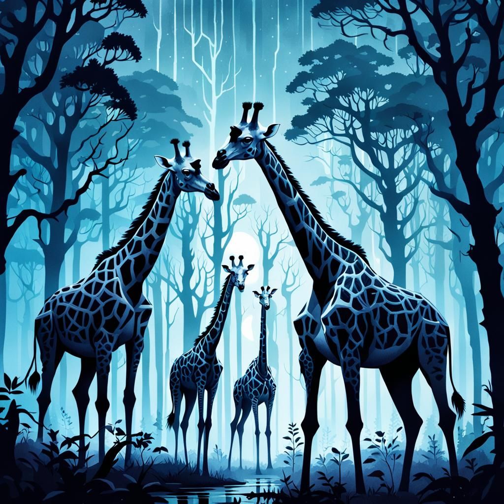 Giraffes in Dark Fantasy Landscape