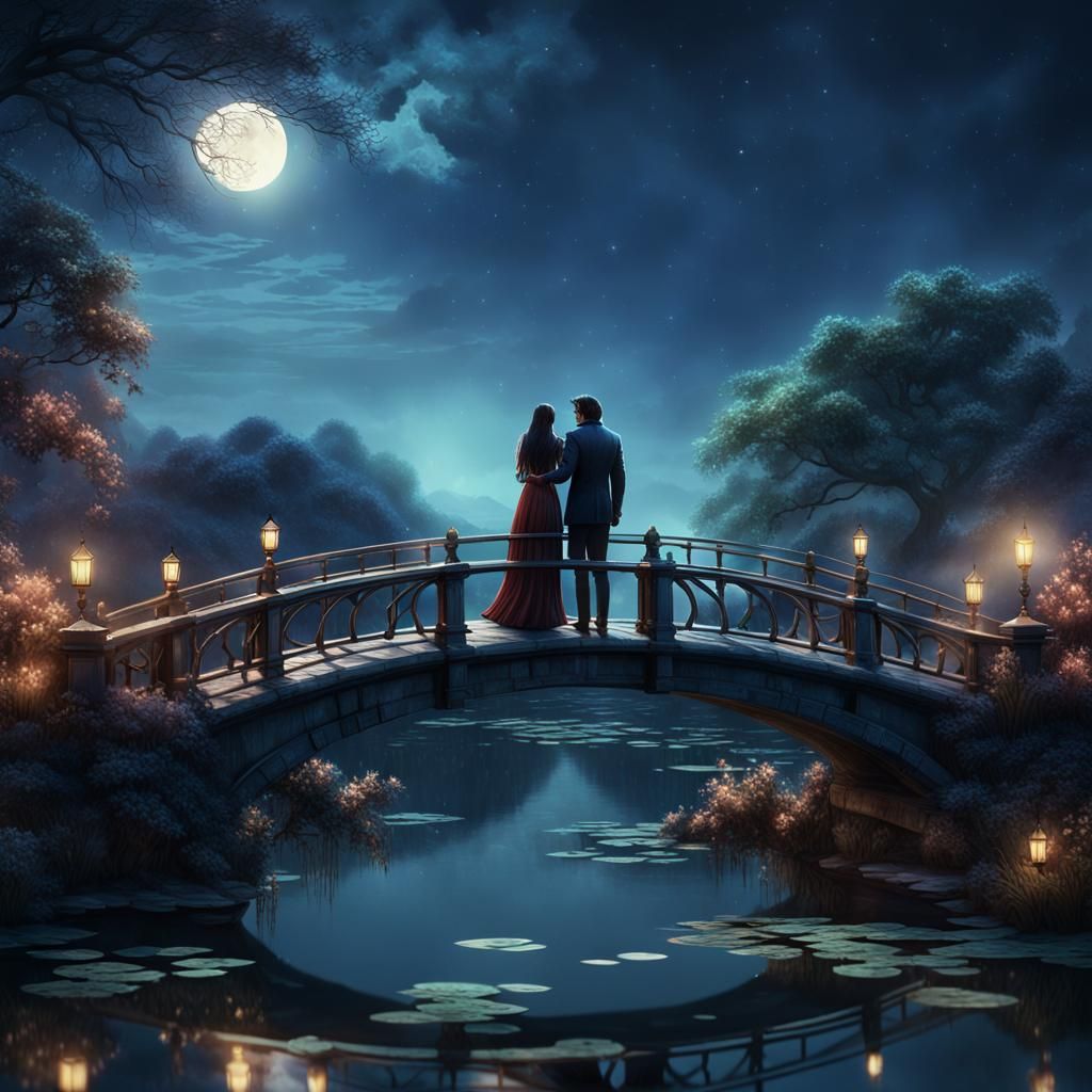 Moonlit Embrace on Bridge: Fantasy Concept Art