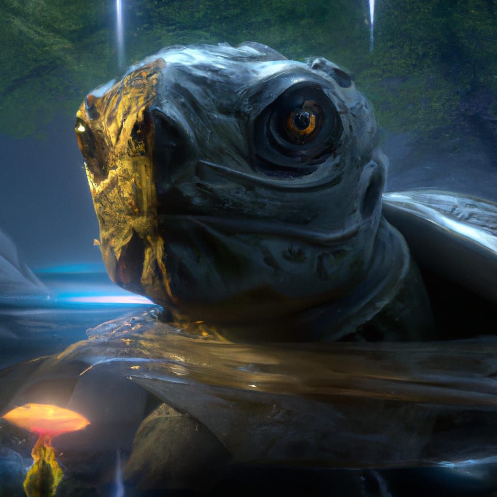 Humanoid Turtle in Mystical Pond: Dark Fantasy Art