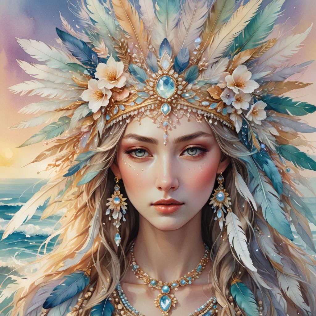 Fantasy Headdress with Seascape in Watercolor Style