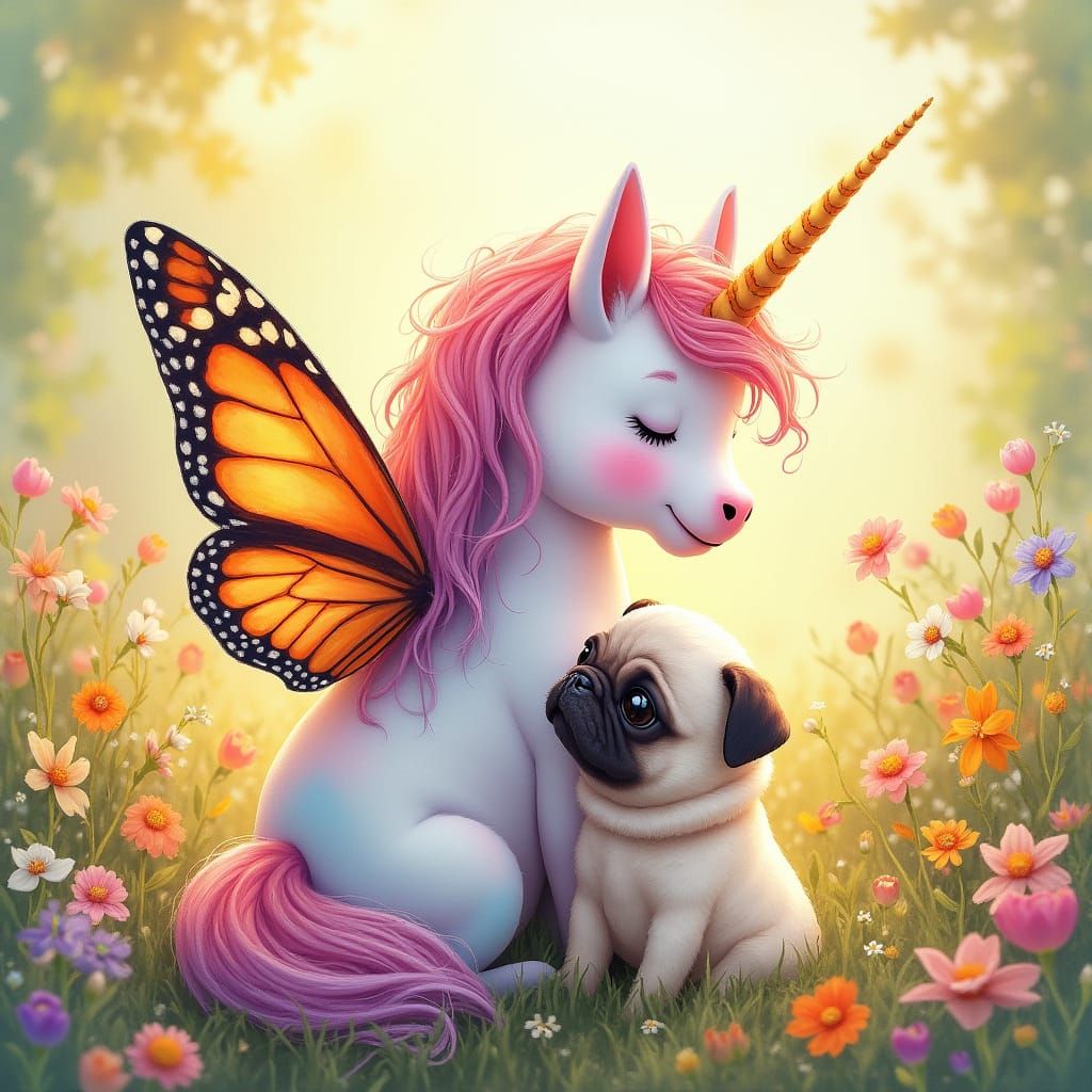 Whimsical Unicorn Cuddles Pug in Vibrant Floral Meadow