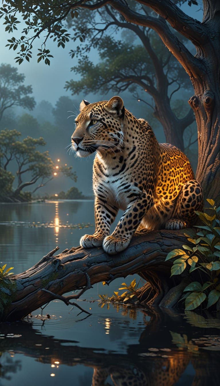 Leopard in Enchanted Forest, Fantasy Digital Art