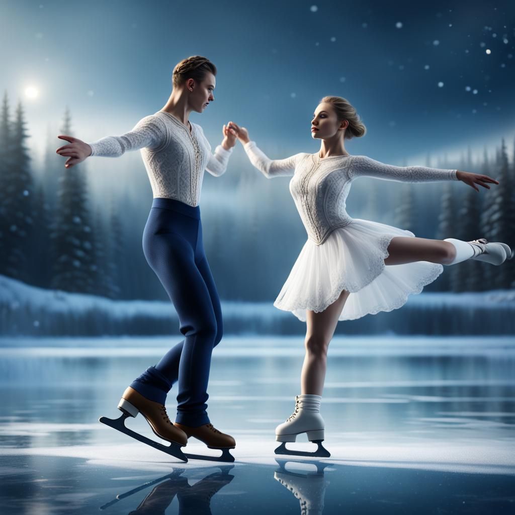 Young Figure-Skating Pair on Icy Lake