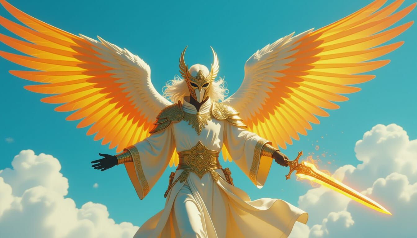 Fiery Seraphim Angel Soaring Through Blue Sky