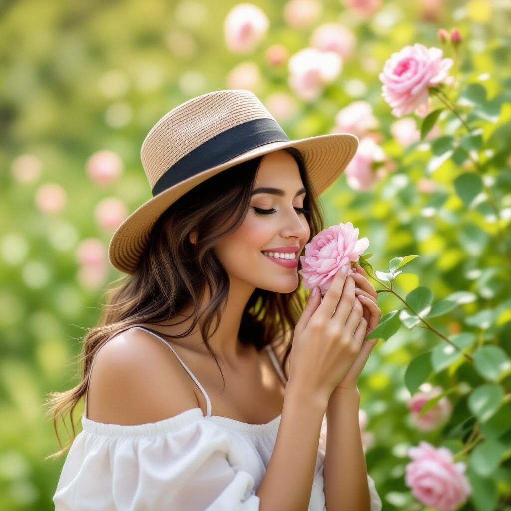 Woman Smelling Flowers in Natural Light