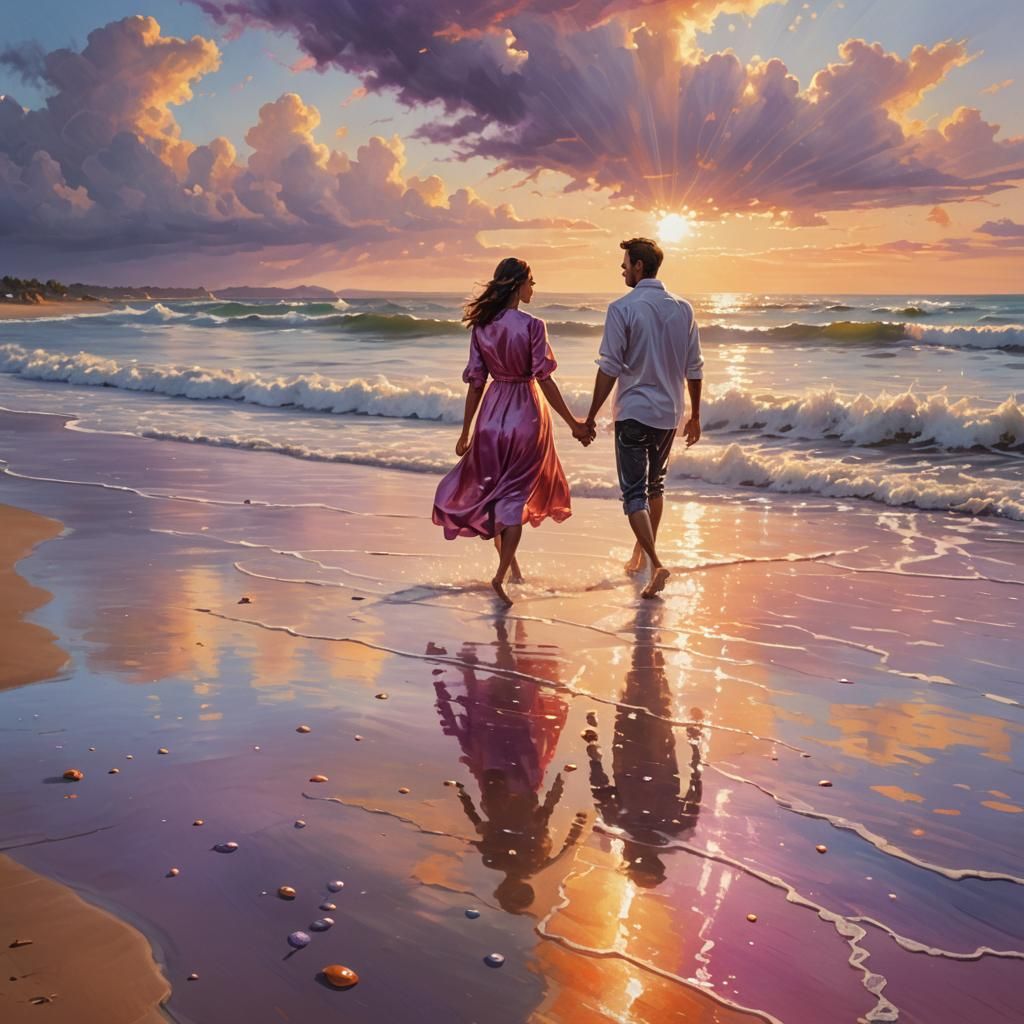 Hyperrealistic Beach Scene with Couple in Soft Light
