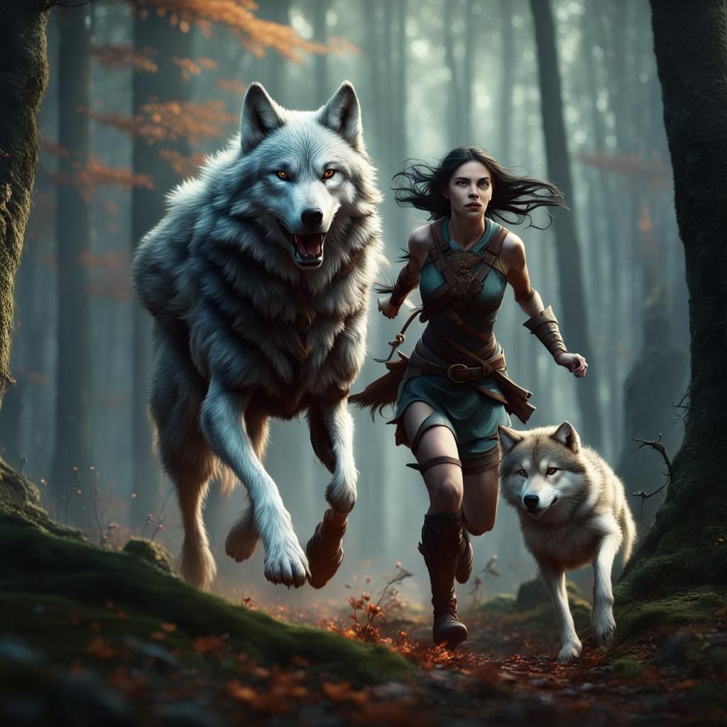 Wolf and Huntress in Forest Fantasy Art