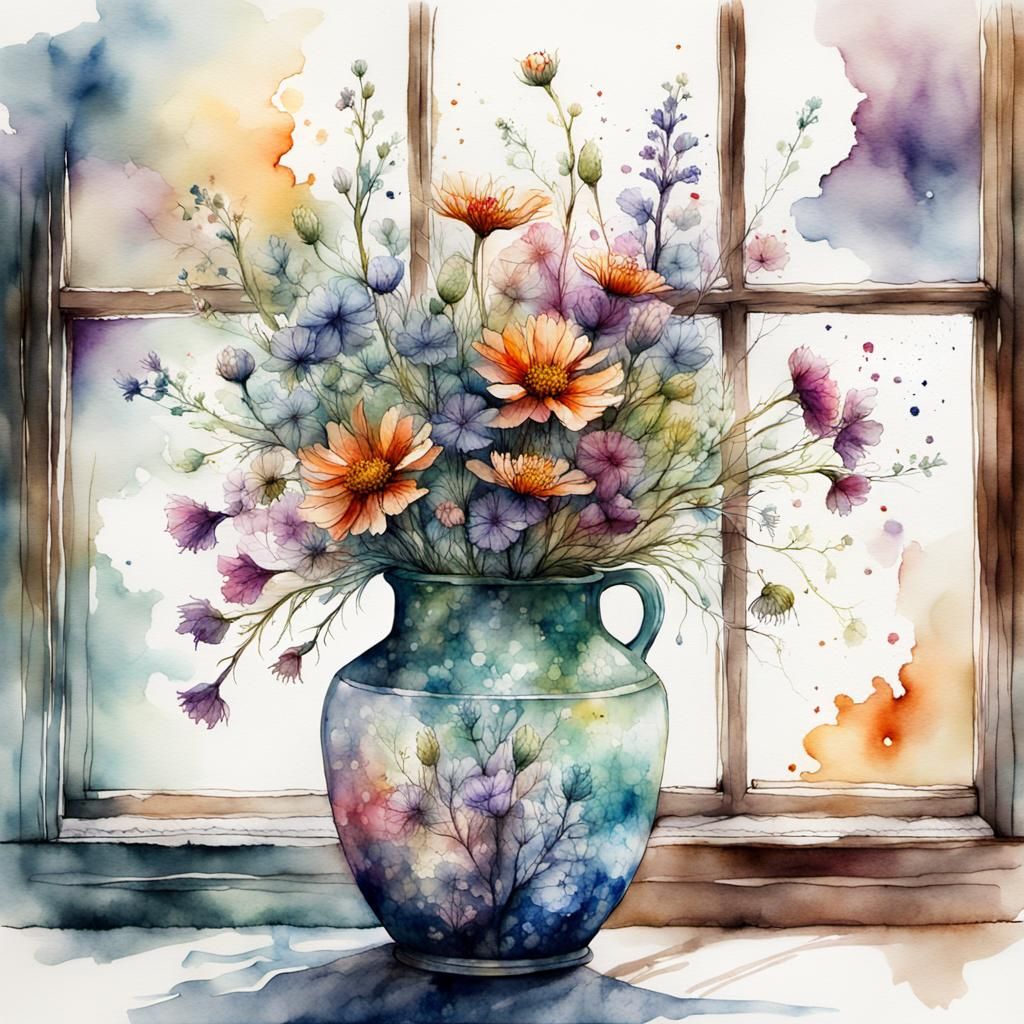 Hyperreal Wildflowers in Watercolor by Window