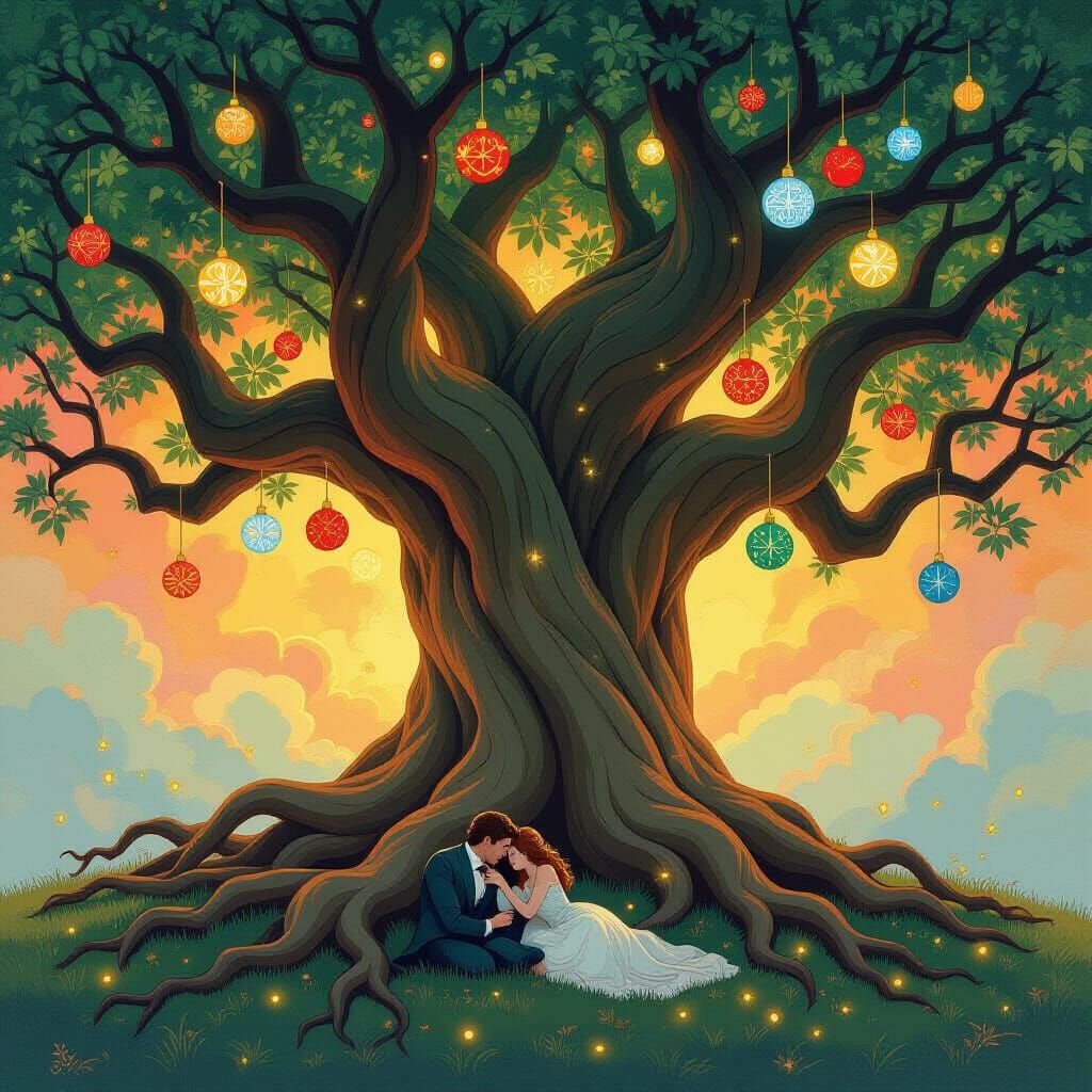 Ancient Tree of Lovers with Luminous Ornaments