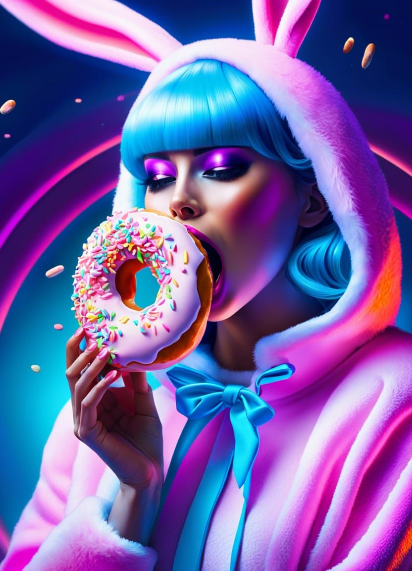 Woman in Bunny Costume Eating Donut, Digital Art