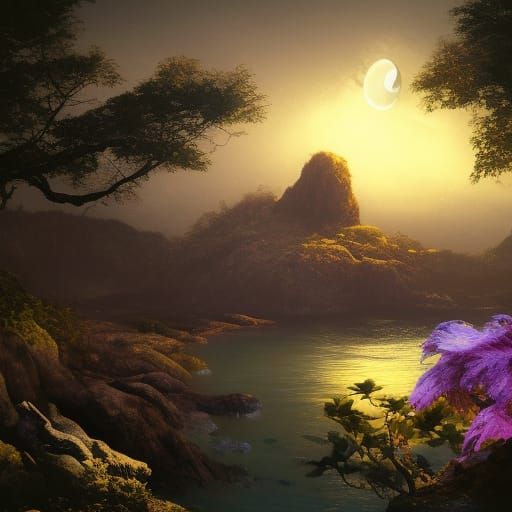 Fantastical Beach at Night with Waterfall and Moon