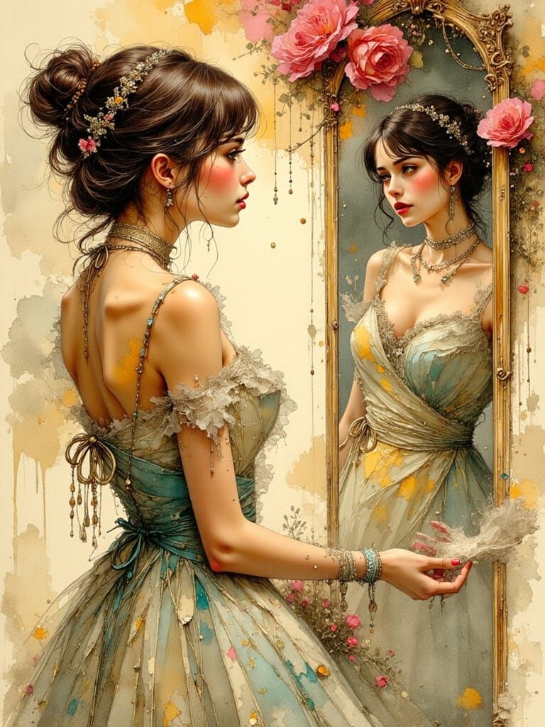 Woman Stares at Mirror Reflection in Art Nouveau Style
