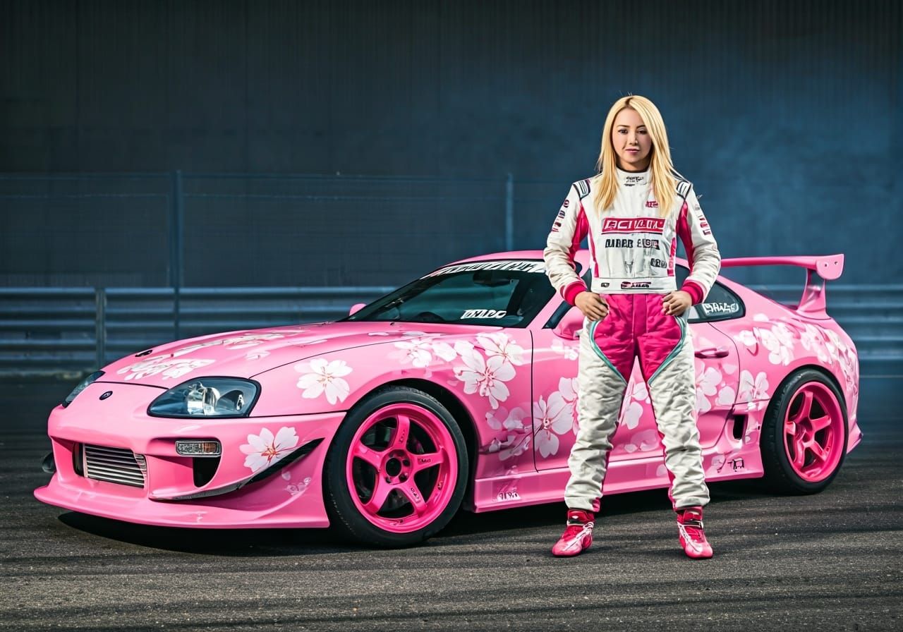 Japanese Drifter and Pink Toyota Supra Portrait