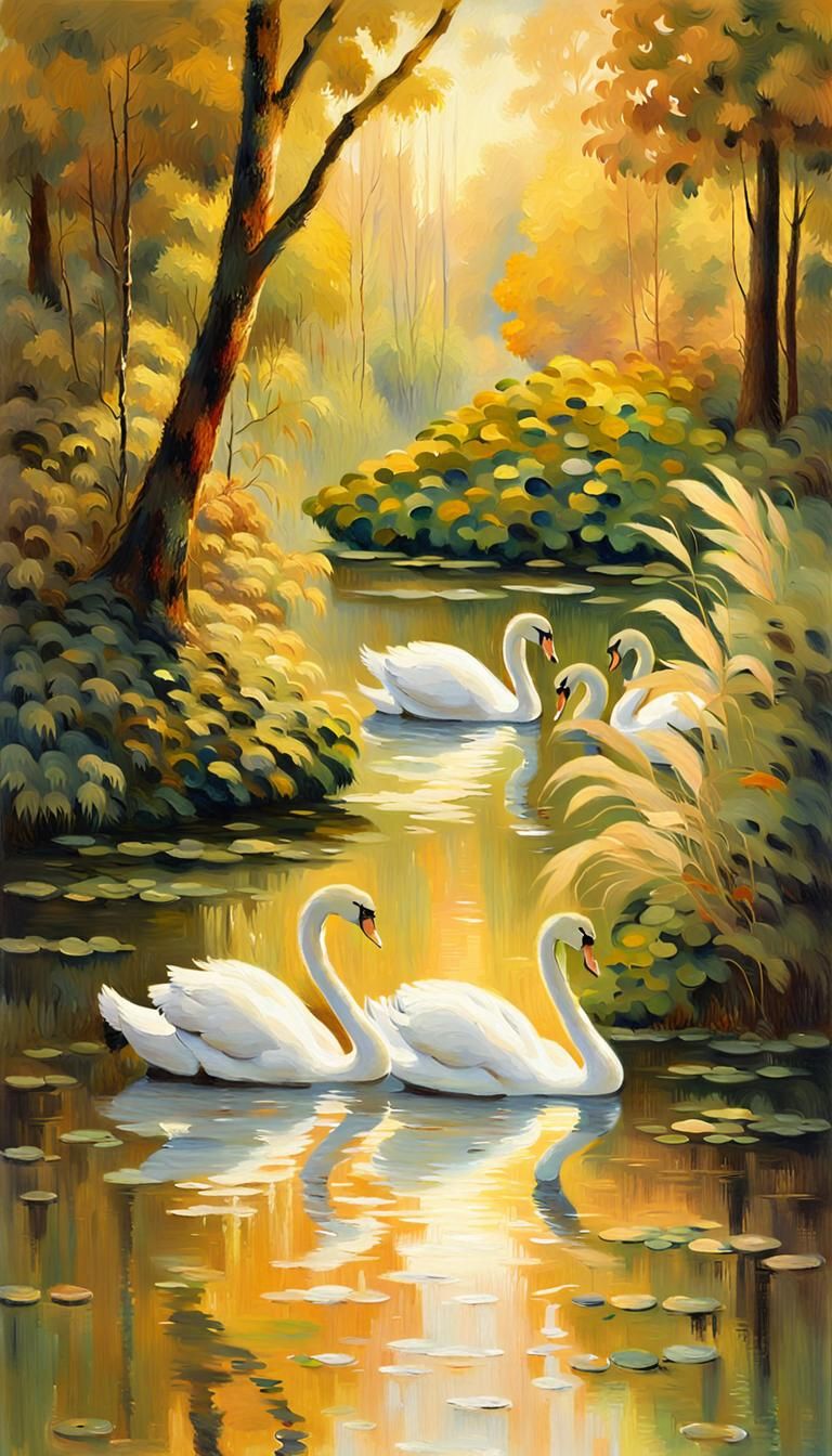 White Swans in Amazon Forest: Impressionist Painting