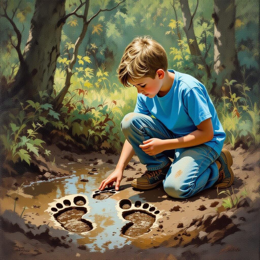Boy Detective Inspects Footprints in Rockwell Style