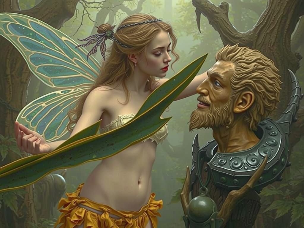 Blond Fairy in Mystical Forest with Creepy Statue