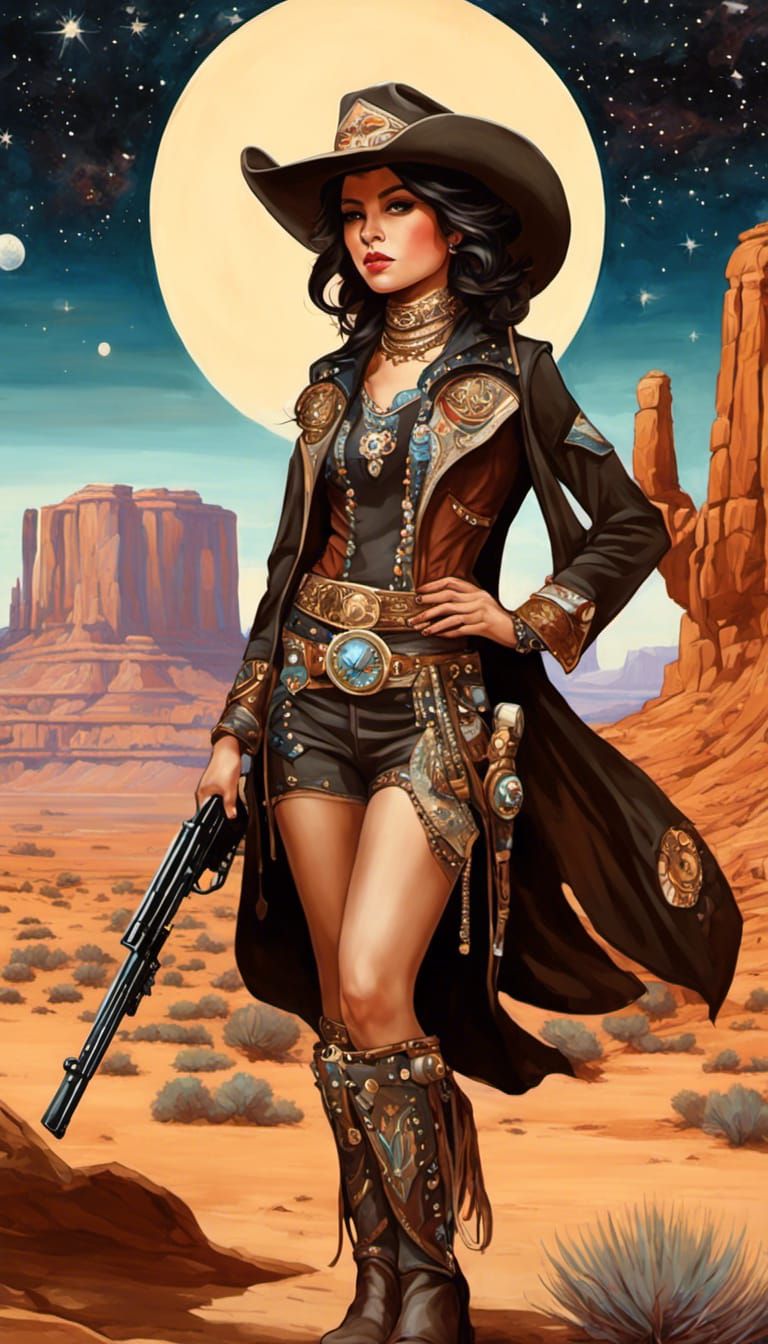 Cowgirl Gunslinger Shoe: Art Nouveau Chibi Portrait