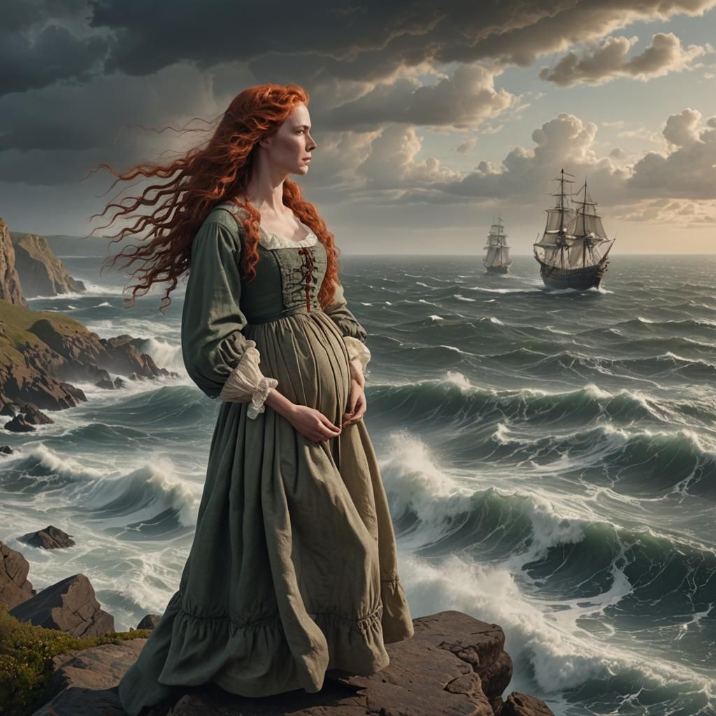 Pregnant Woman Watches Ship Sail into the Horizon