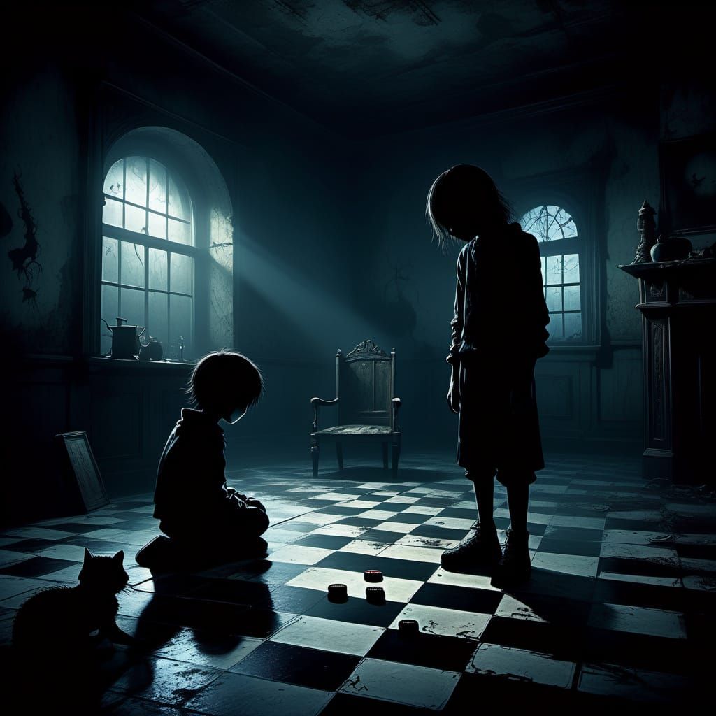 Dark Fantasy Scene: Two Children Play Checkers Under the Wat...