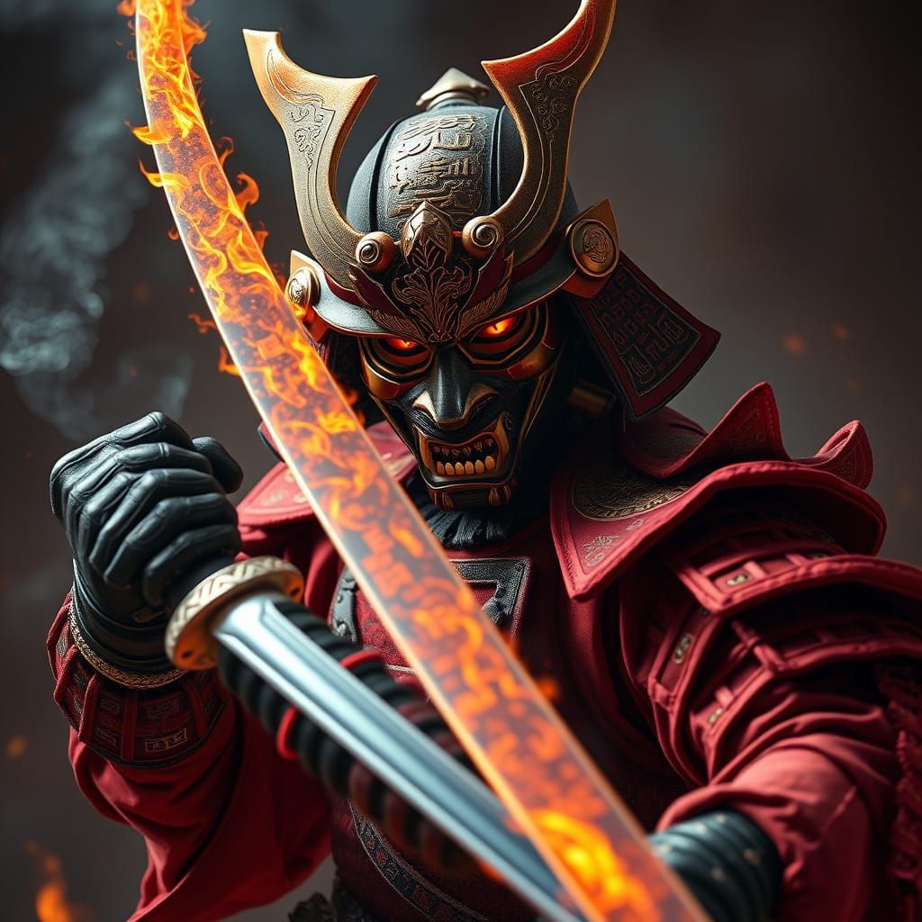 Samurai Warrior in Fierce Battle Stance with Flaming Katana