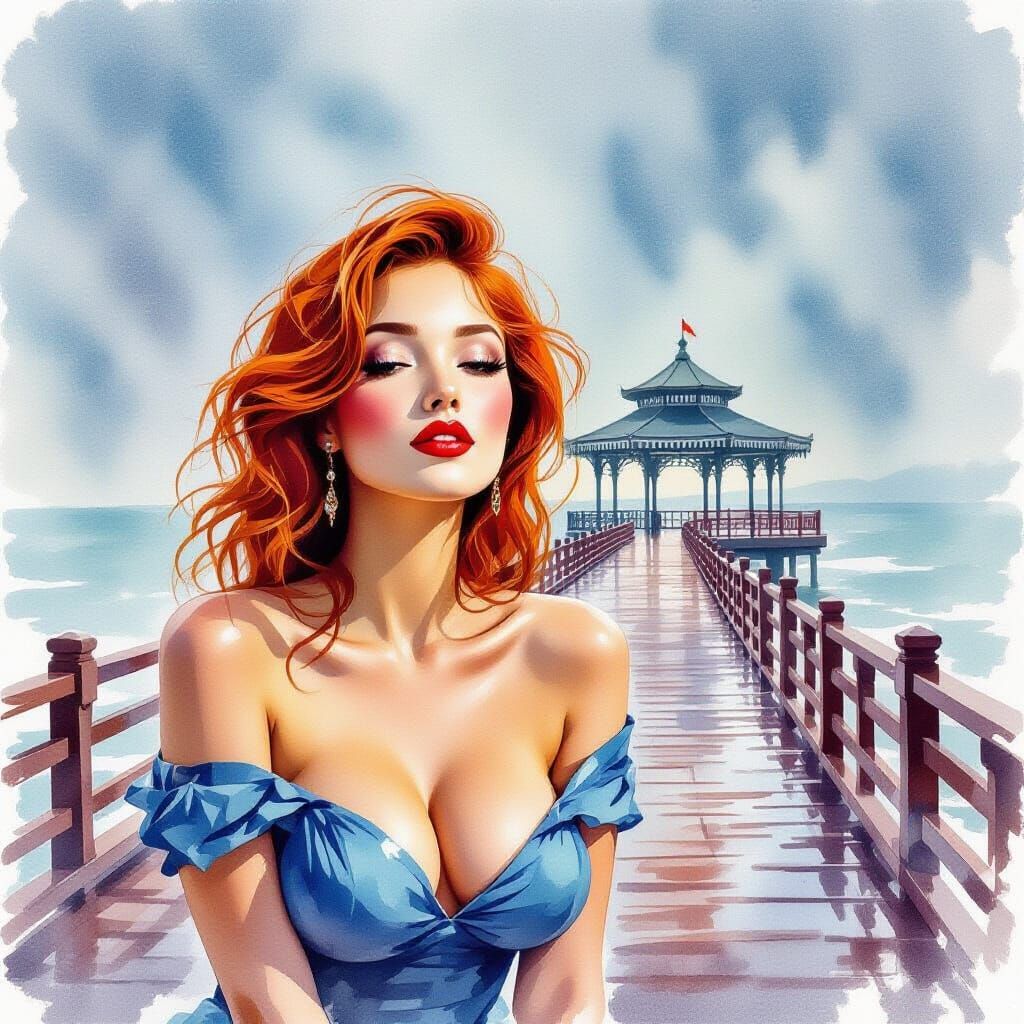 Autumnal Watercolor Pier with Pin-Up Model