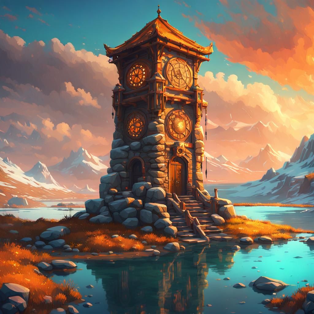 Ornate Stone Watchtower on Tundra Lake