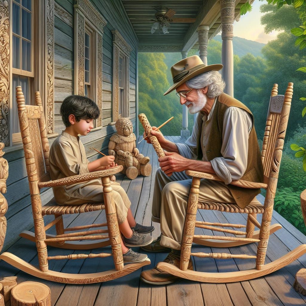 Whimsical Mentorship: Whittling on a Rustic Porch