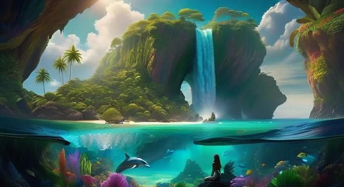 Lush Island Oasis with Mermaid and Rainbow