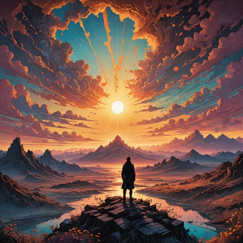 Surreal Landscape at Dawn in Comic Book Style