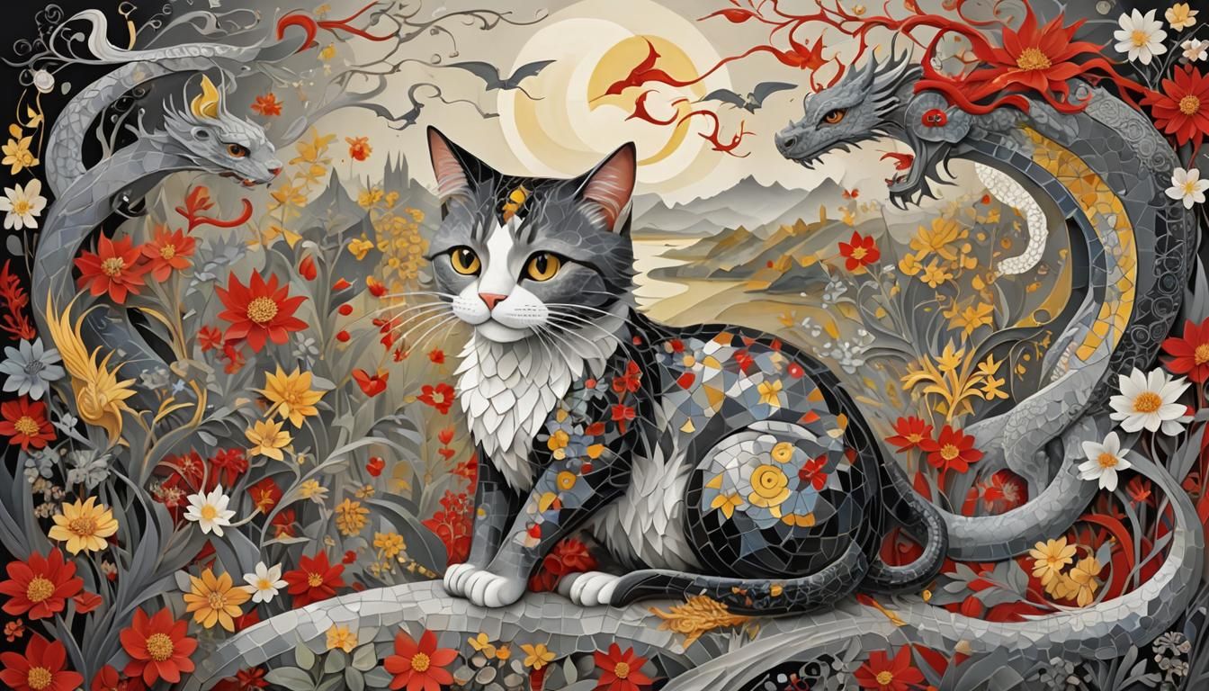 Mosaic Girl, Cat, and Dragon in Soft Colors