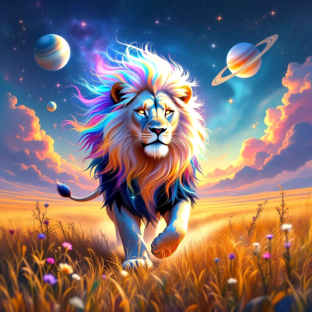 Celestial Lion Striding Through Starry Galaxy