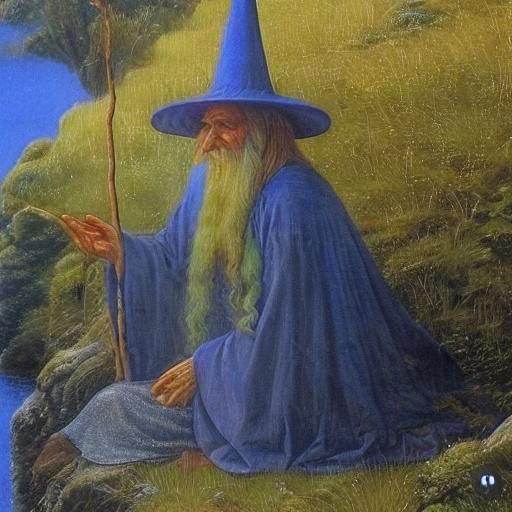 Magical Wizard in Hilly Scene, Dark Fantasy Art