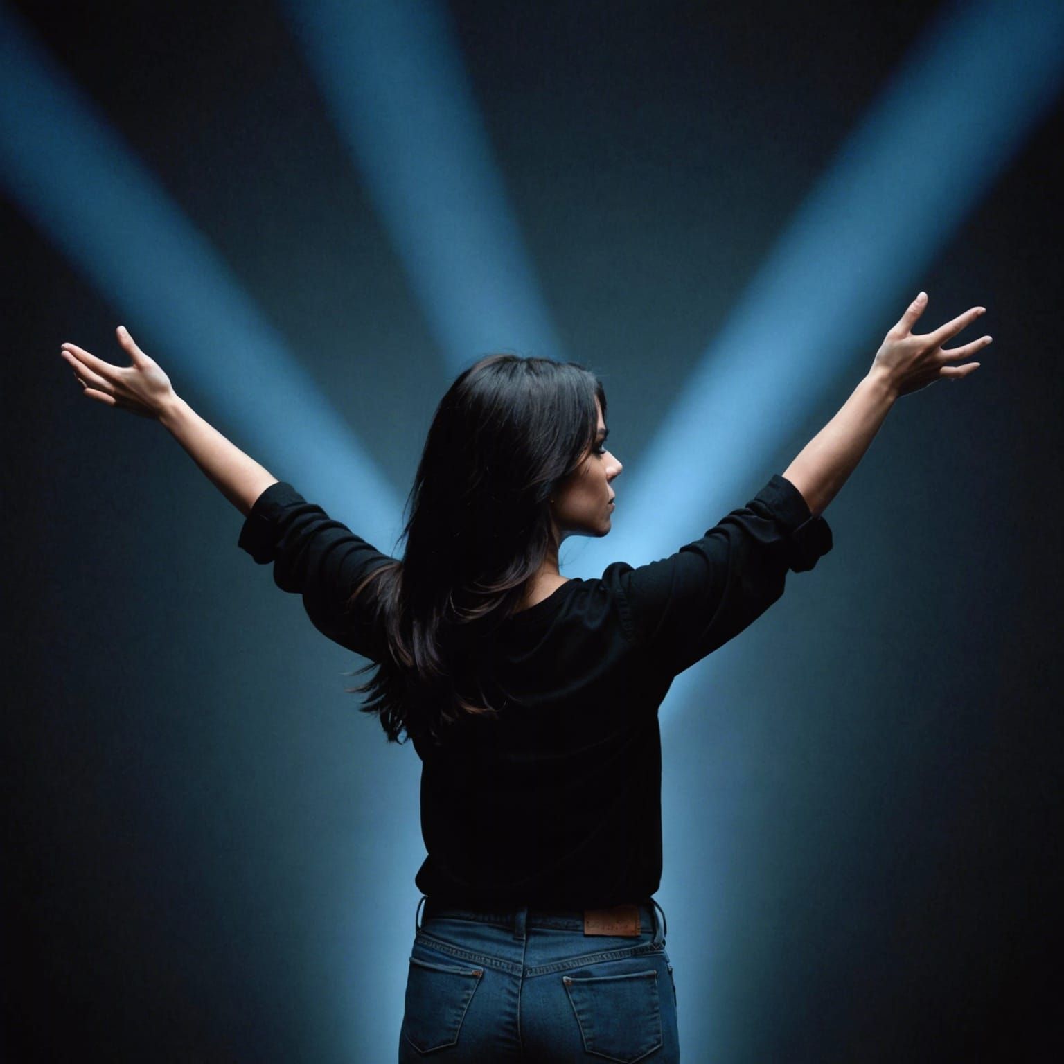 Woman with Dark Hair and Blue Light