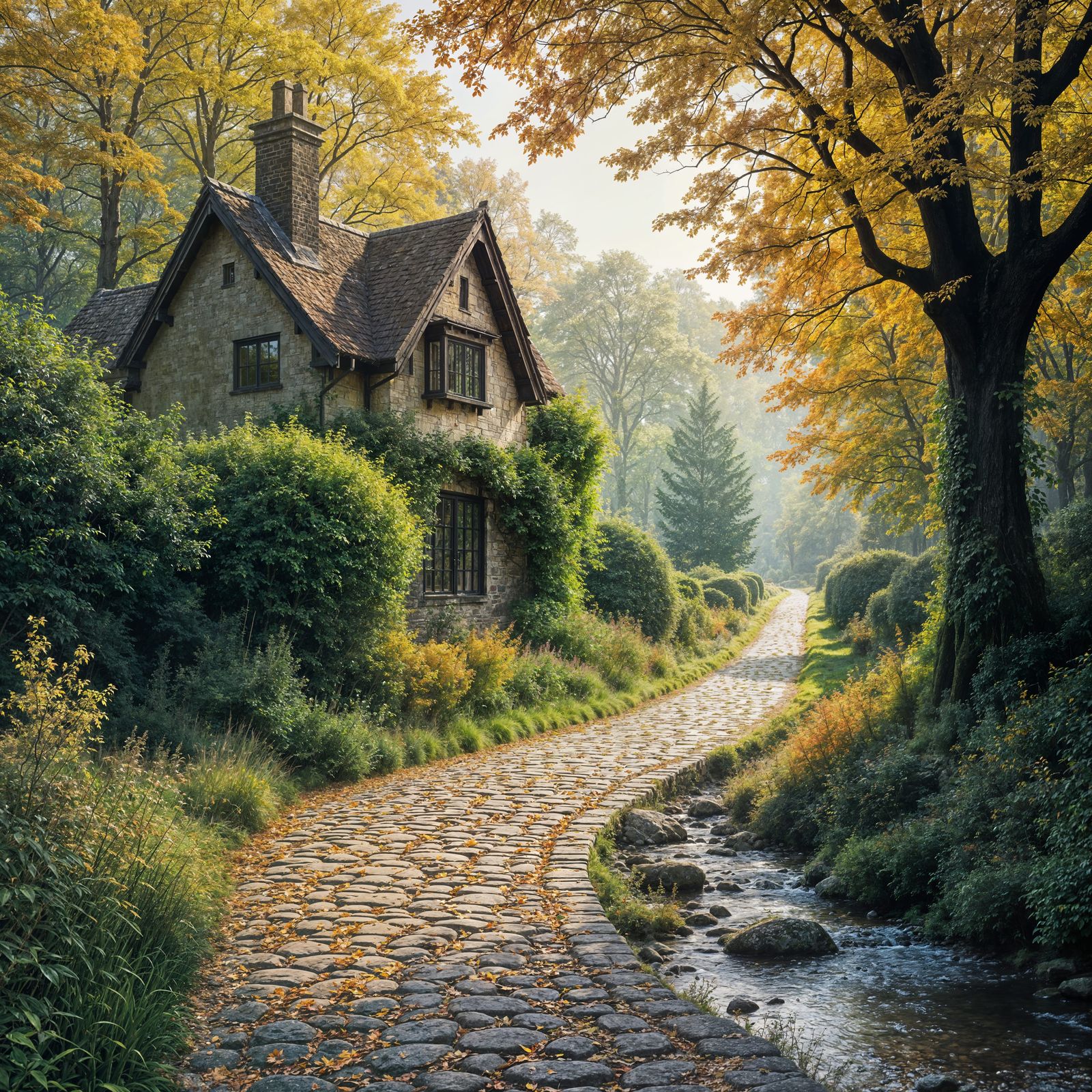 Autumn English Countryside Cottage with Winding Road