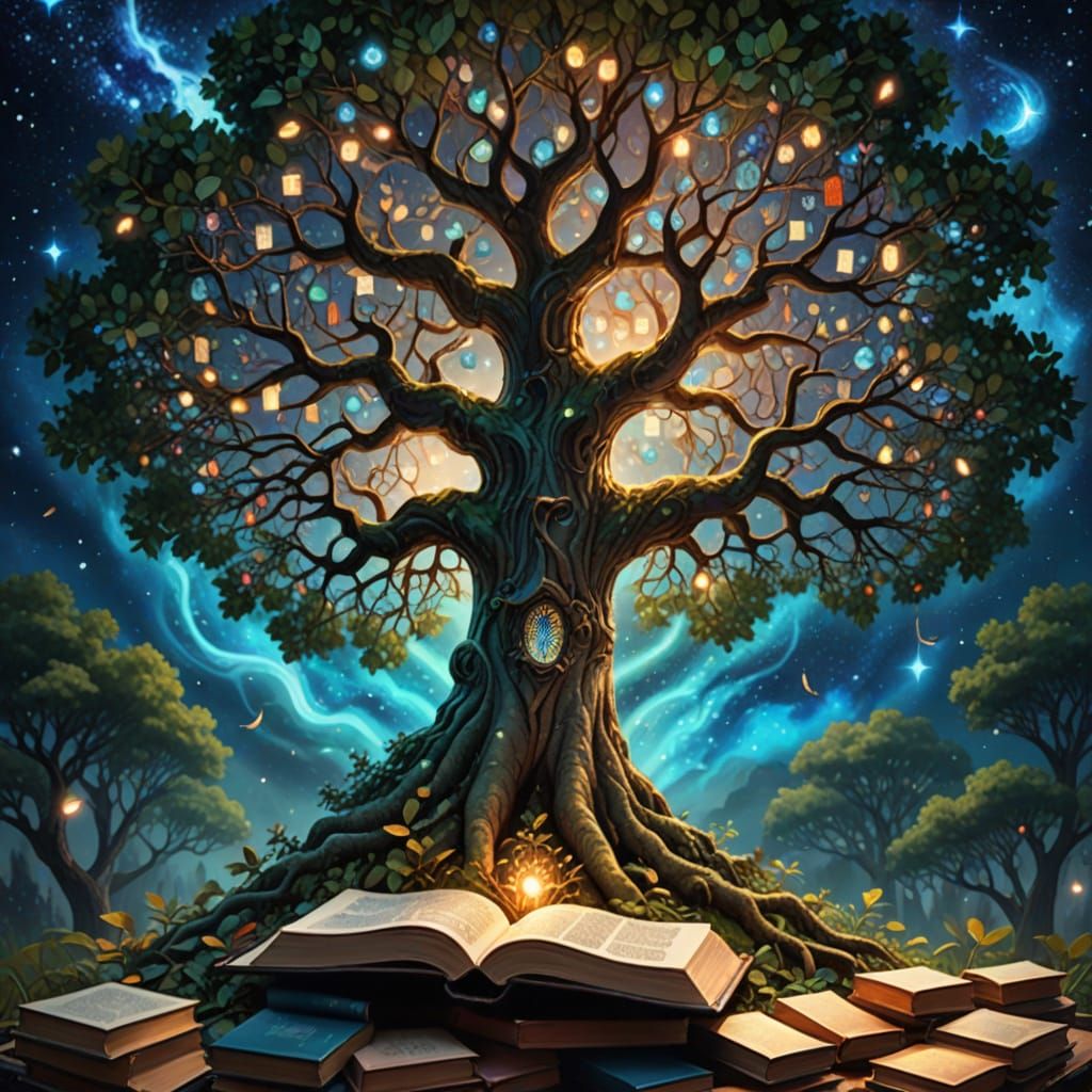 Majestic Tree with Celestial Leaves and Worn Leather Books