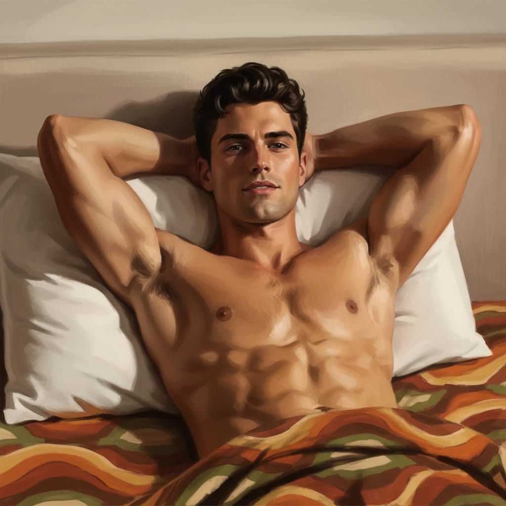 Handsome Man Relaxed in Bed, 70s/80s Vibe