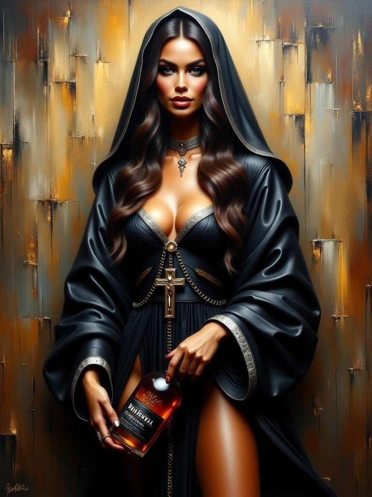 Smiling Model as Steelpunk Nun in Oil Painting