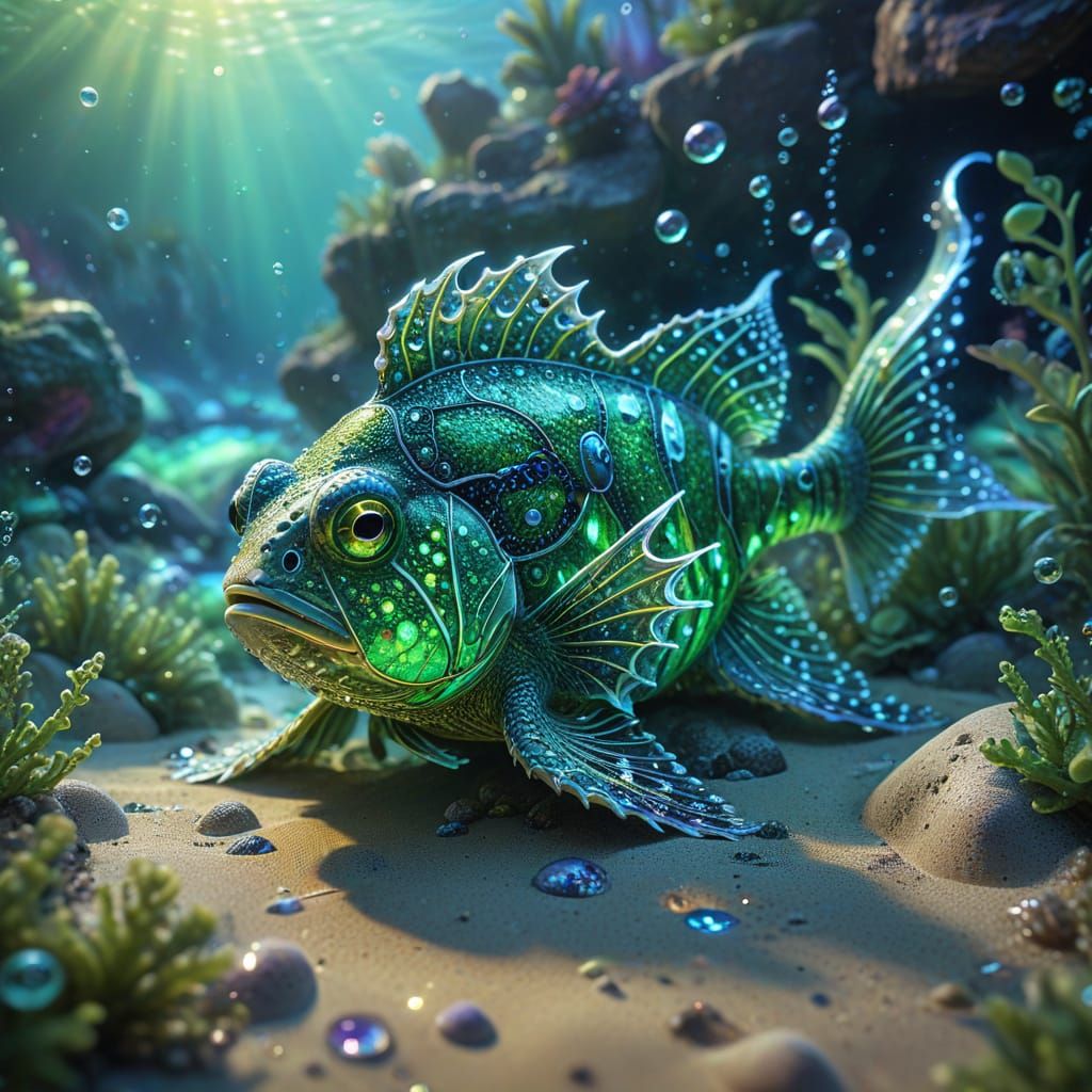 Surreal Underwater Scene with Toad-Fish and Iridescent Scale...