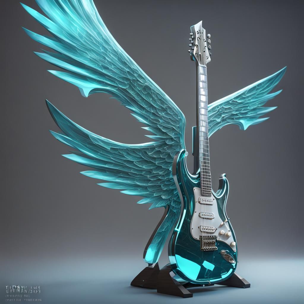 Enormous crystal Tiffany Blue Glass, shiny steel Electric guitar with wings